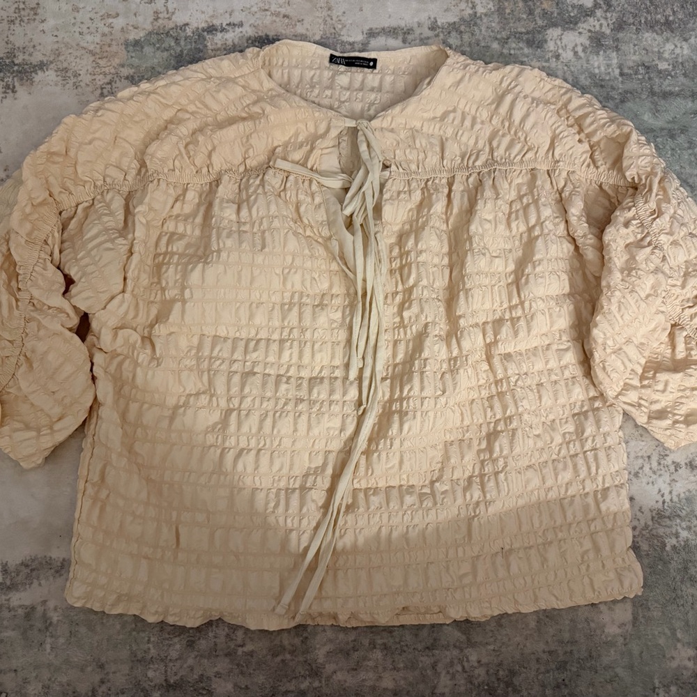 Zara Pale Yellow Crinkle Tie-Front Blouse